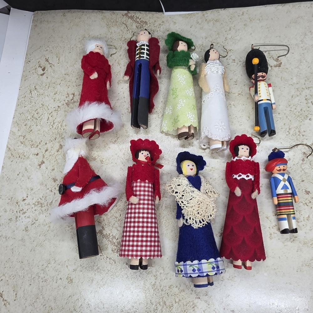 Ten Clothes Pin Ornaments 8 Handmade Men Women Santa  2 Hallmark Soldiers
